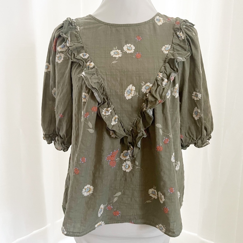 a.n.a Blouse Size M Olive Green Floral Ruffle Yoke Puff Sleeve Boho Top